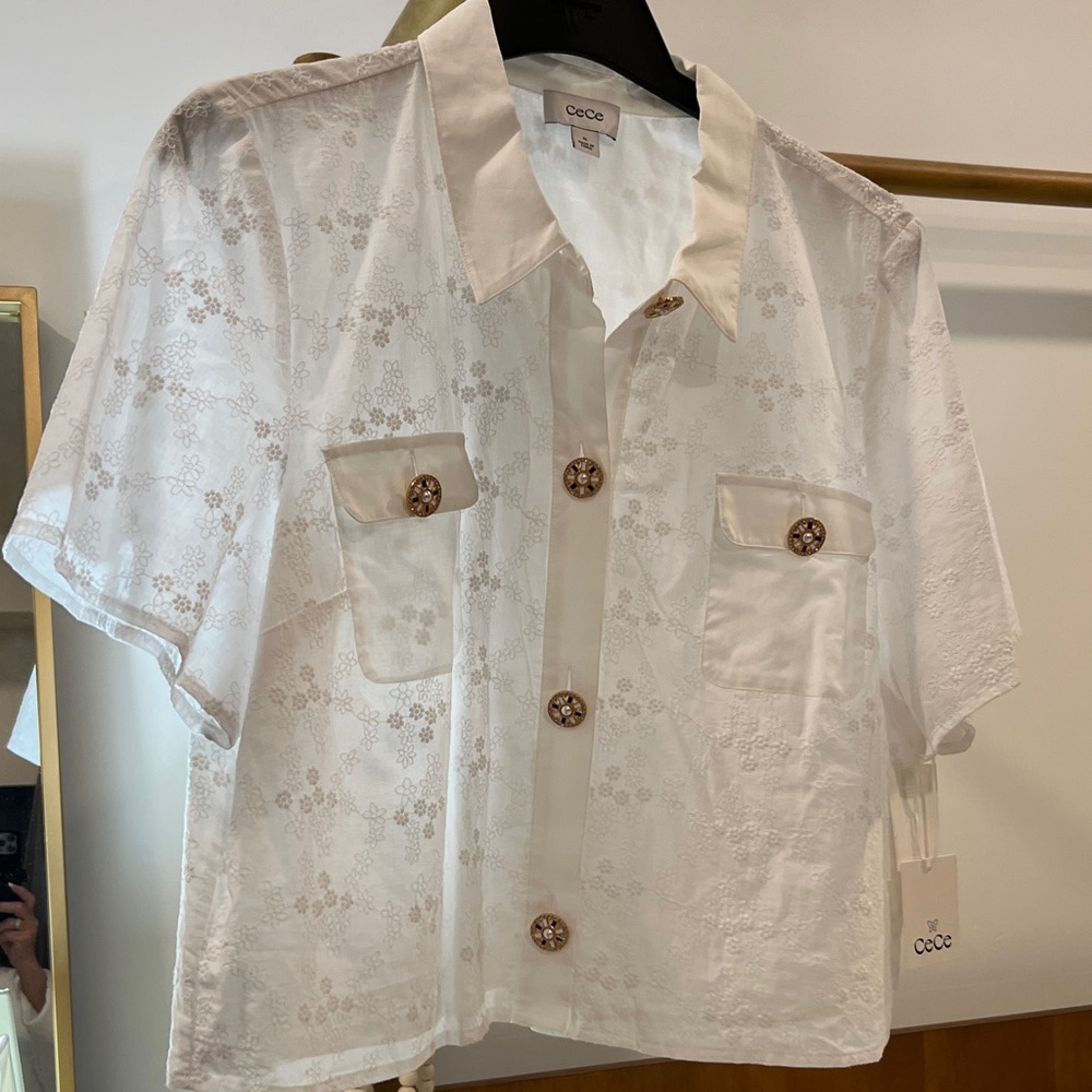 CeCe White “Beautiful Buttons” blouse pearl  & rhinestones for Buttons!